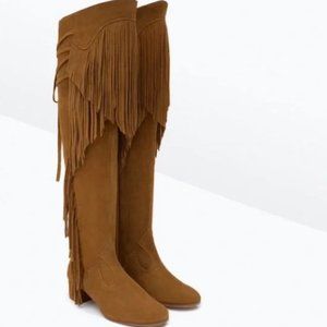 Zara Brown Over the Knee Fringe Boots